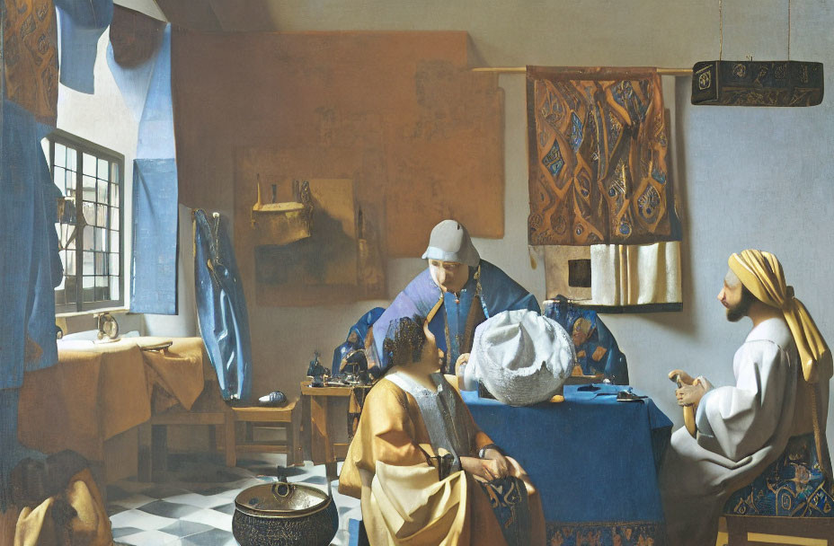 Classic painting of two figures in a richly decorated room