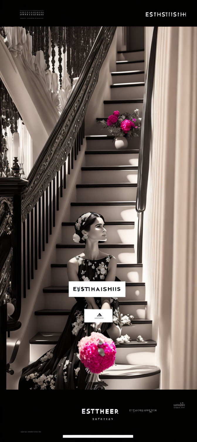 Monochrome portrait of elegant woman in floral headdress on grand staircase