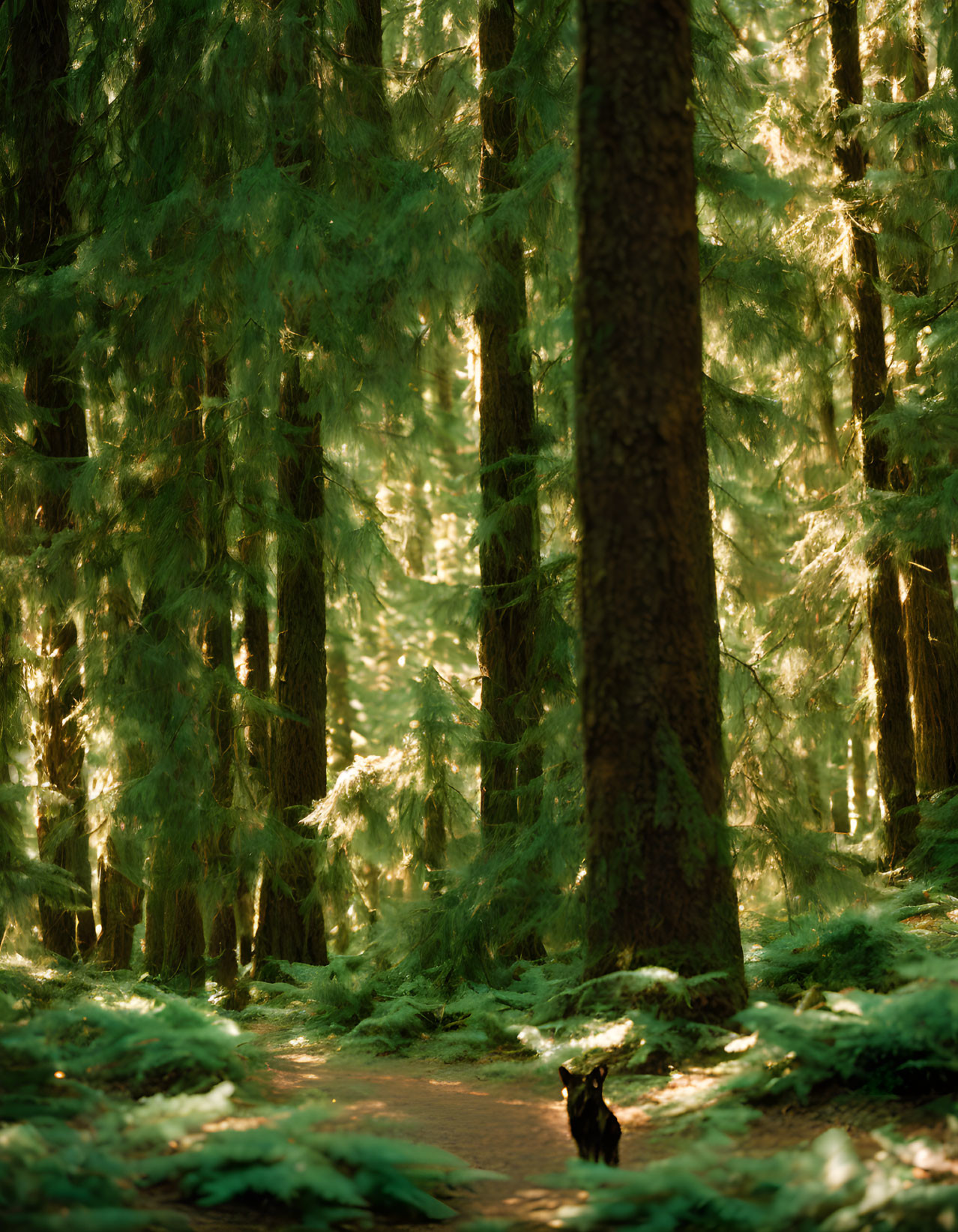 Dense forest sunlight illuminates greenery with black cat on dirt path