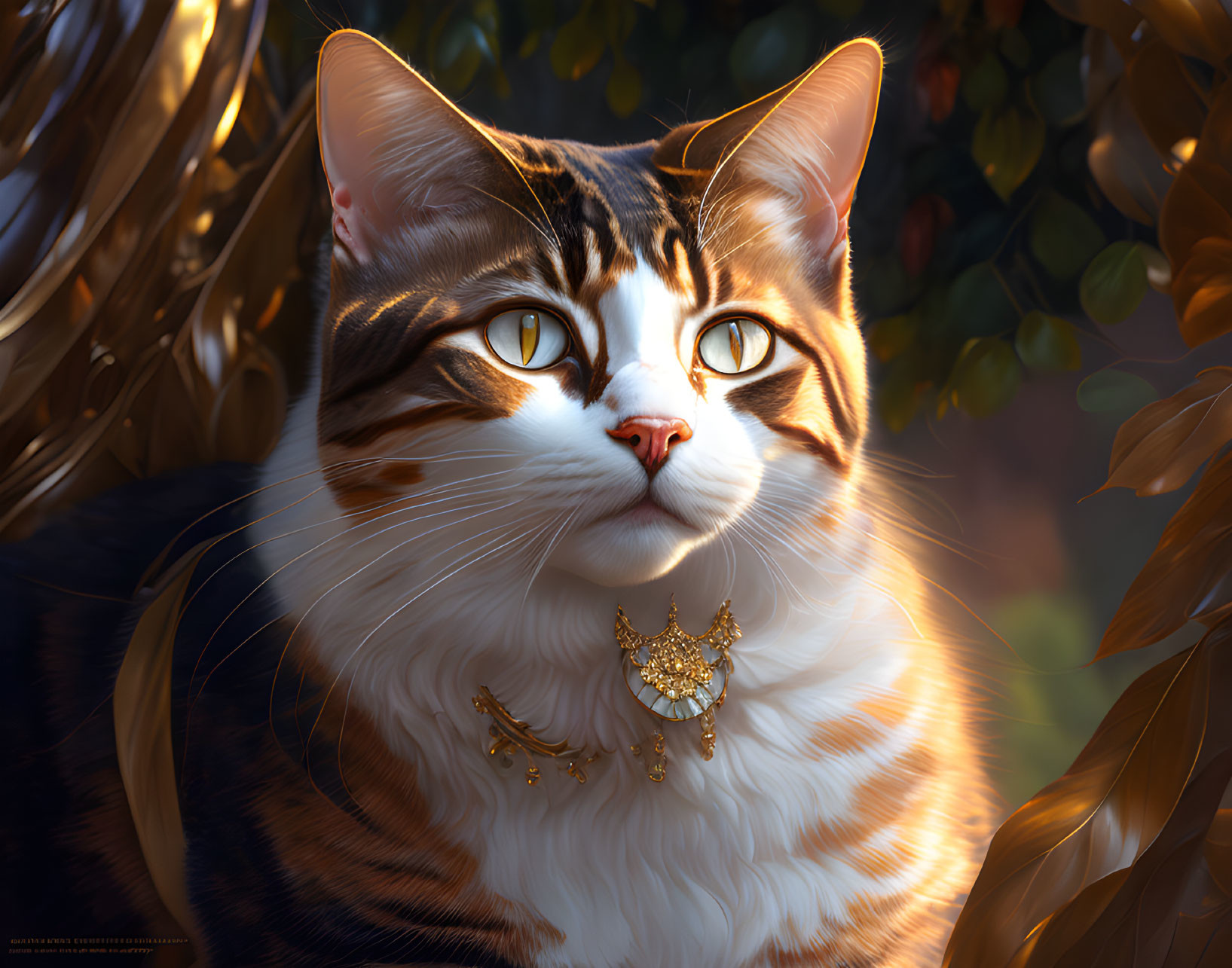 Tabby cat digital art with golden leaf necklace and autumn leaves background