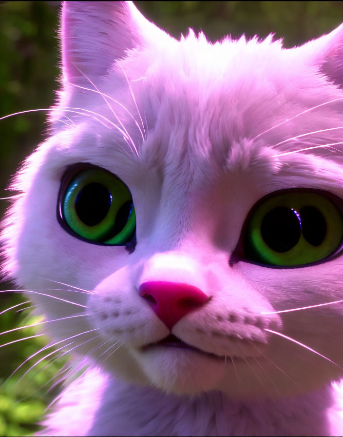 Detailed 3D animated white cat with green eyes and pink nose on blurred green background