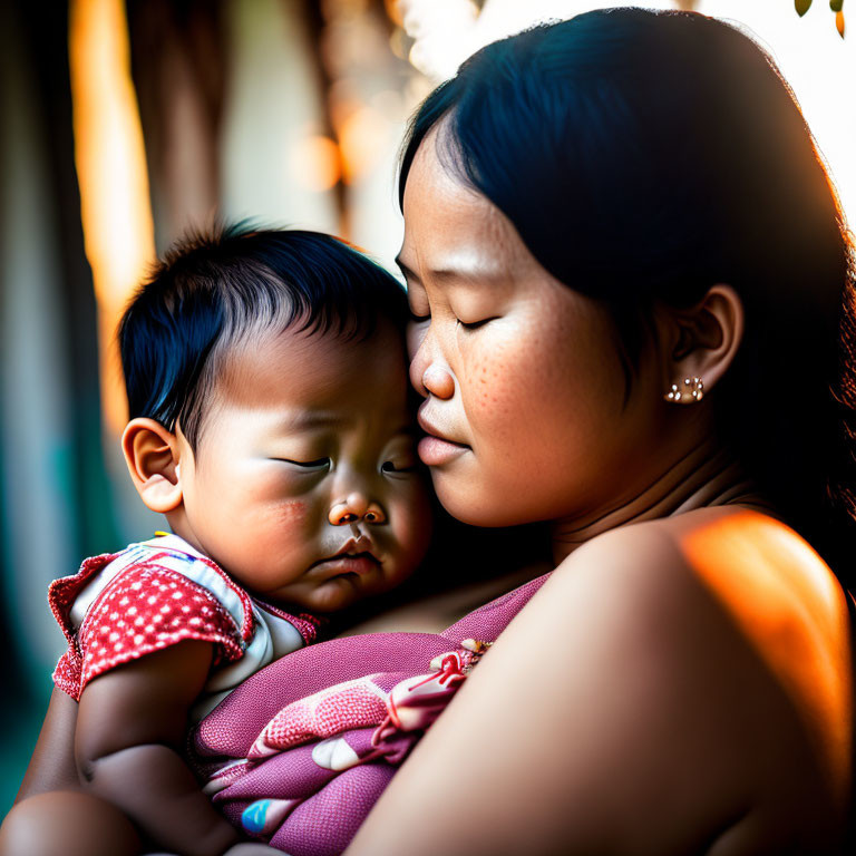 Mother holding sleeping baby in tender moment illuminated by warm light