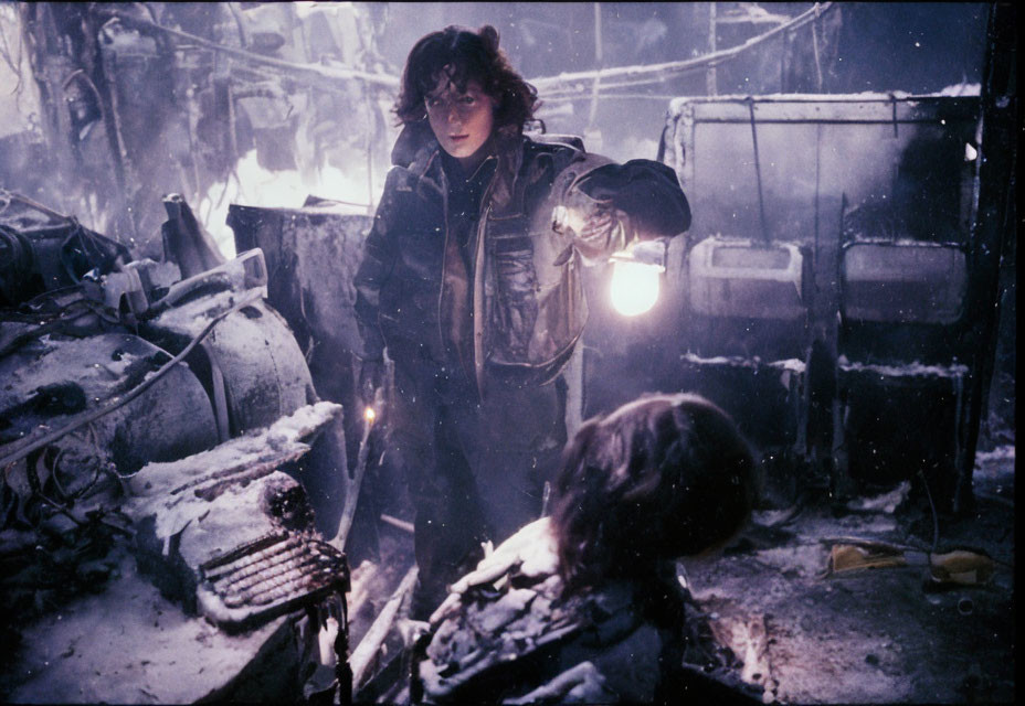 Person with flashlight in snowy, wrecked environment with cautious look and seated individual