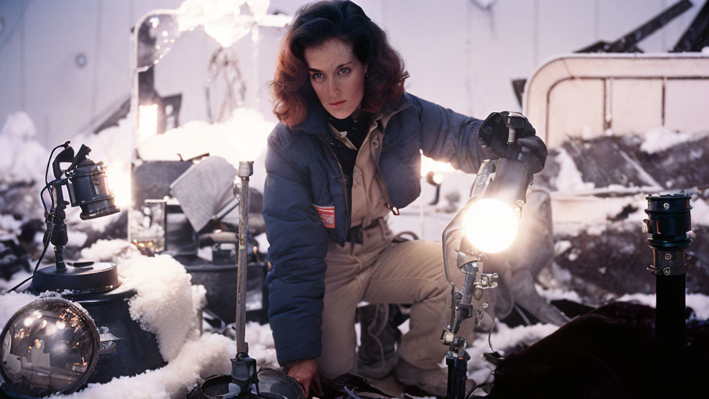 Woman in beige jumpsuit inspecting light in snowy setting with large machine.