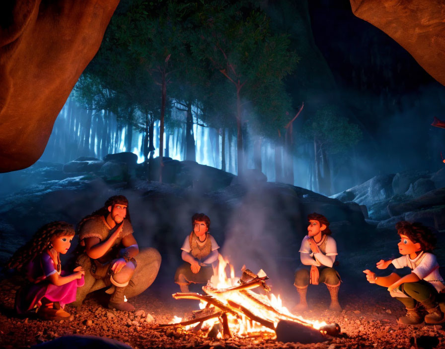 Prehistoric family around fire in mystical forest at night