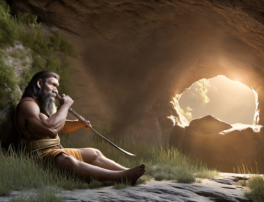 Bearded Man in Ancient Attire with Sword in Sunlit Cave