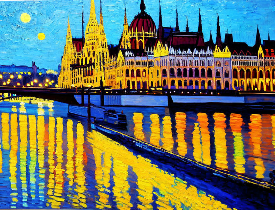 Vibrant Impressionist Cityscape: Night Scene with Gothic Building