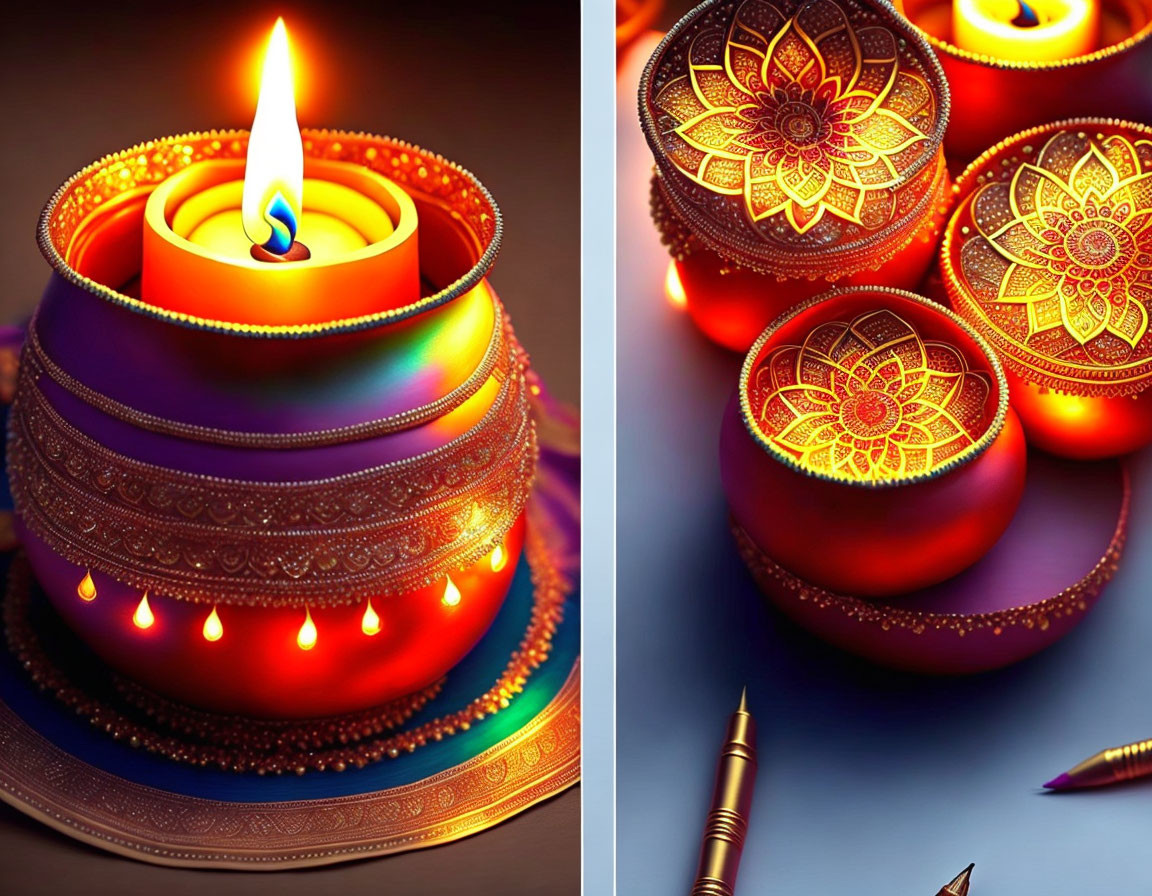 Colorful Diwali Diya Lamps Illuminated on Dark Background