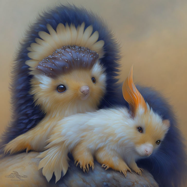 Fantastical creatures: hedgehog-bird hybrids with feather crown.