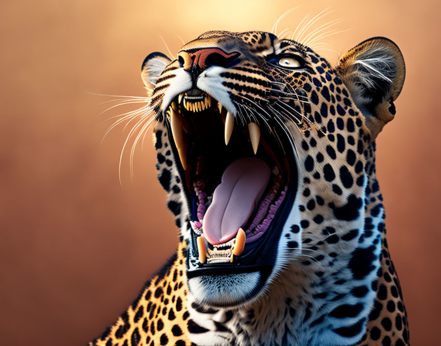 Leopard with Open Mouth and Sharp Teeth on Warm Background