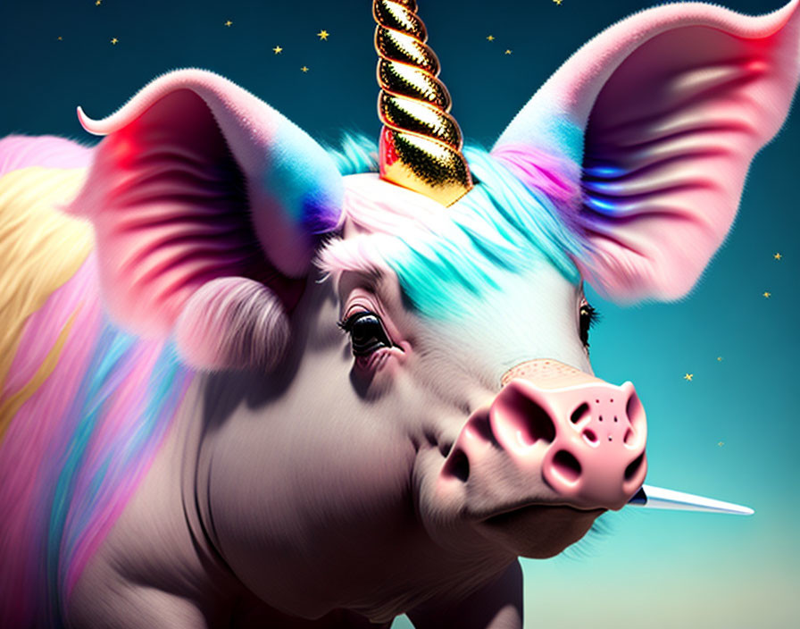 Colorful Unicorn Pig on Dark Blue Background with Stars