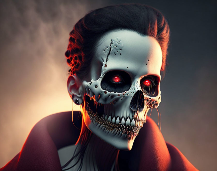 Female Figure with Skull Face and Glowing Red Eyes in Dark Background