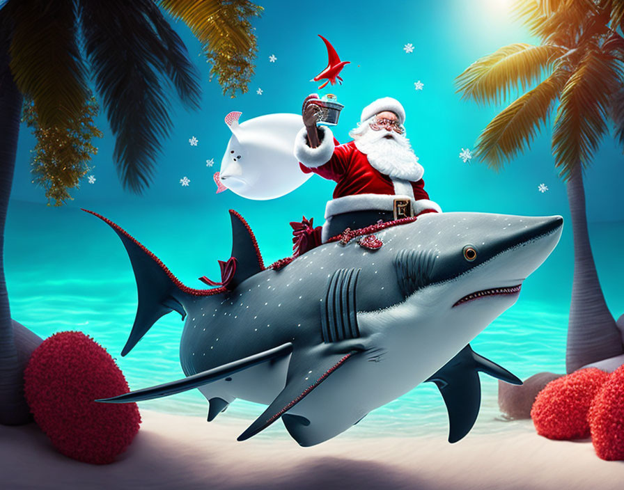 Santa Claus riding a shark with a dolphin, tropical scenery with palm trees.