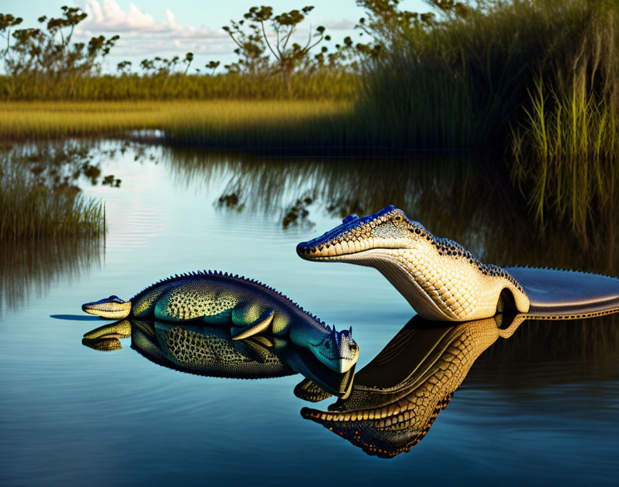 Vibrant blue and teal alligator reflected in calm water among green marsh grass