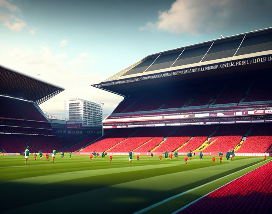 Sunlit football stadium with teams warming up, red seats, and empty audience section