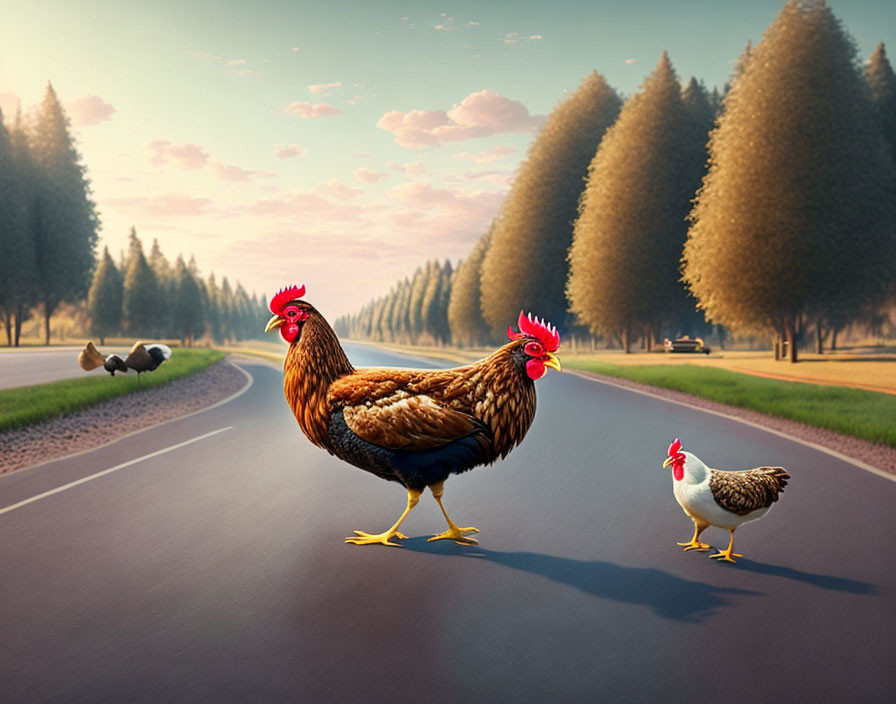 Two chickens on road with one lying down, scenic landscape with trees and clear sky