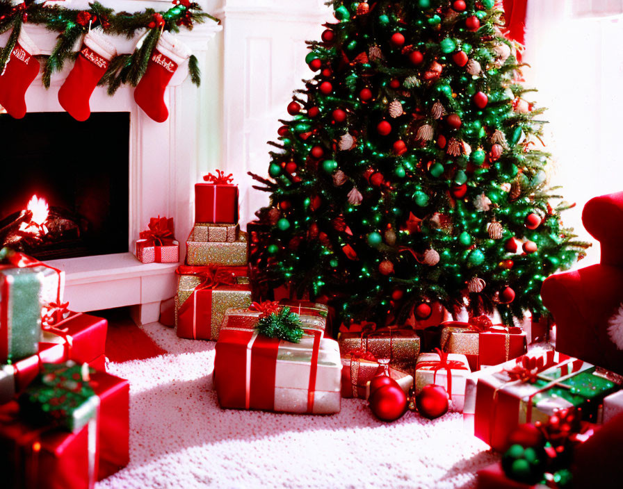 Festively decorated room with Christmas tree, gifts, stockings, and fireplace