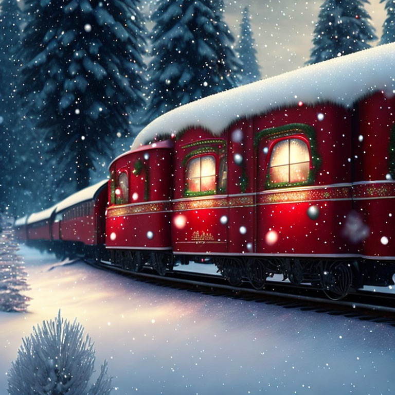 Red Train Travels Snowy Landscape with Illuminated Windows