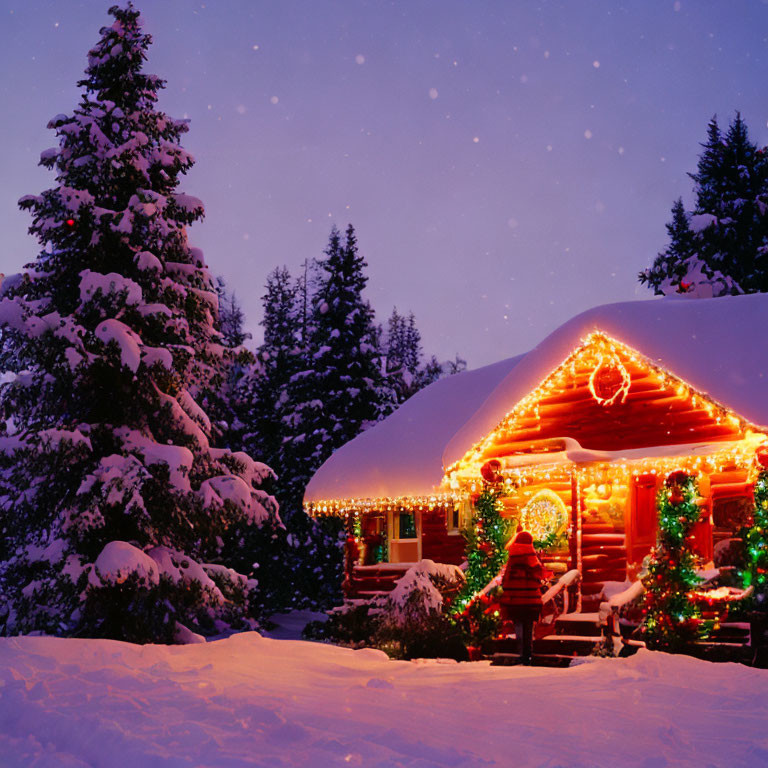 Snowy Evening Scene: Festive Log Cabin with Snowy Pine Trees