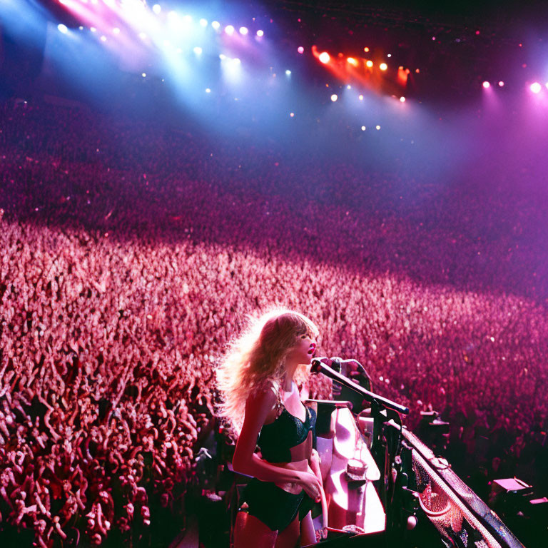 Performer on Stage with Cheering Crowd and Colorful Lights