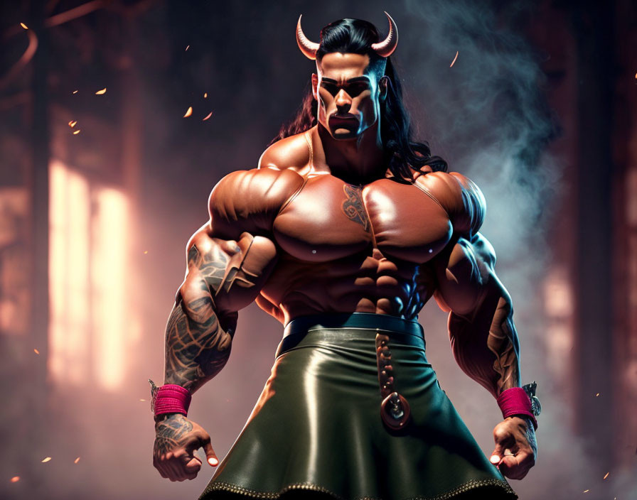 Muscular animated character with horns, tattoos, and green skirt in misty setting