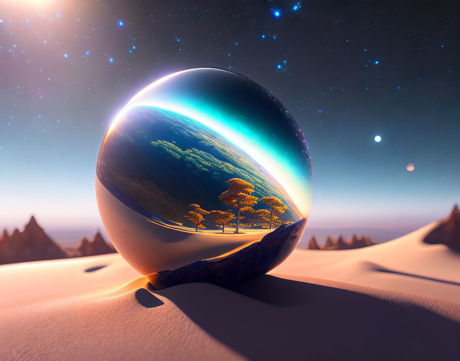 Crystal sphere reflecting vibrant forest in sandy desert under twilight sky