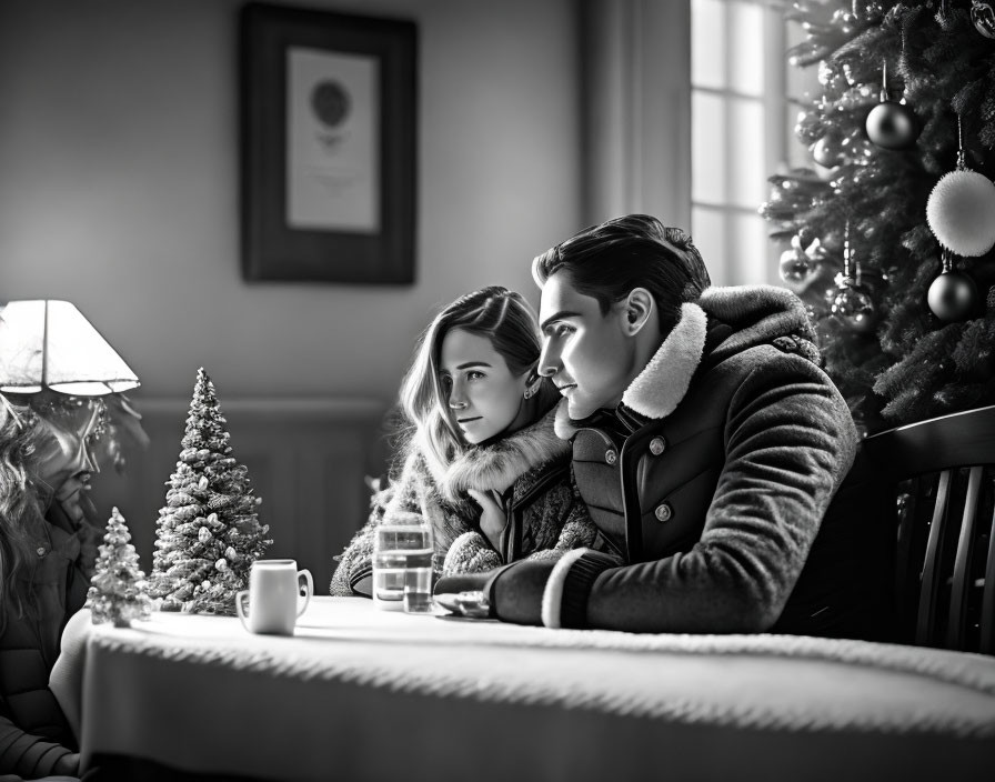 Monochrome dreamlike scene: Couple at cafe table near Christmas tree