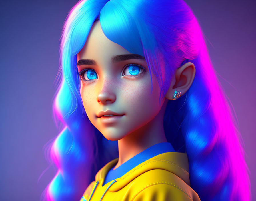 Vibrant 3D illustration of girl with blue and pink hair on purple background