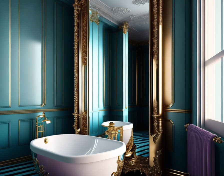 Luxurious Bathroom with Turquoise Walls and Gold Fixtures