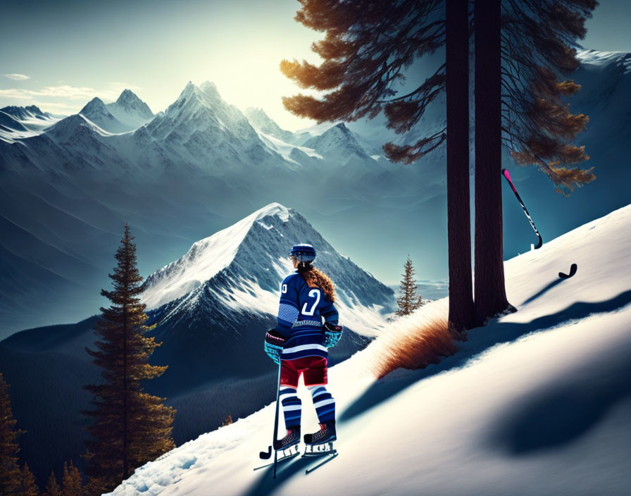 Hockey player on snowy mountain with skis and stick at sunrise or sunset