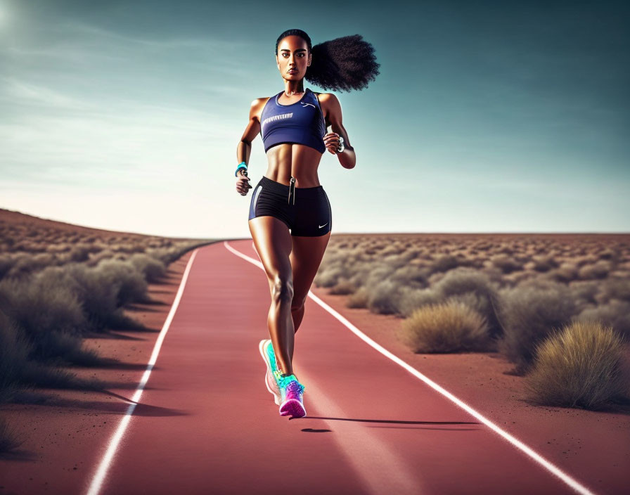 Woman jogging on desert road in sportswear with flowing hair