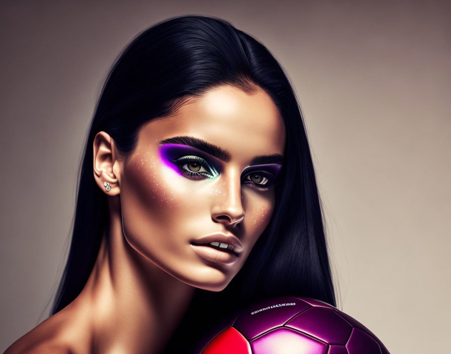 Digital illustration of woman with striking makeup holding soccer ball on smooth beige background