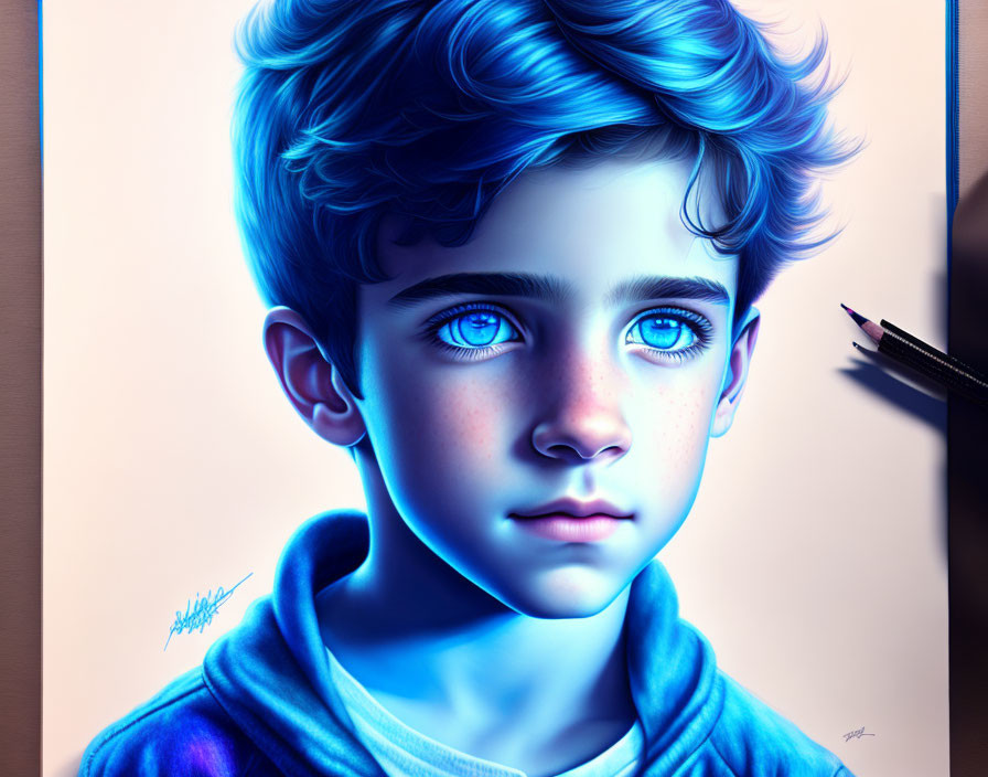 Vibrant digital portrait of a boy with blue hair and eyes beside a pencil