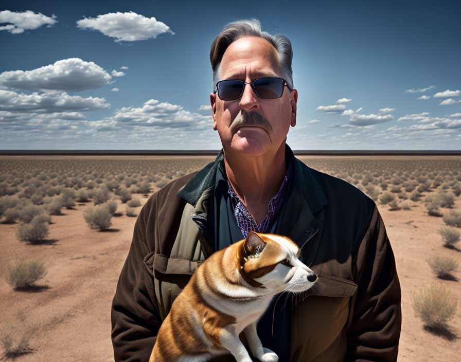 Man with Sunglasses and Mustache Holding Dog in Goggles in Desert