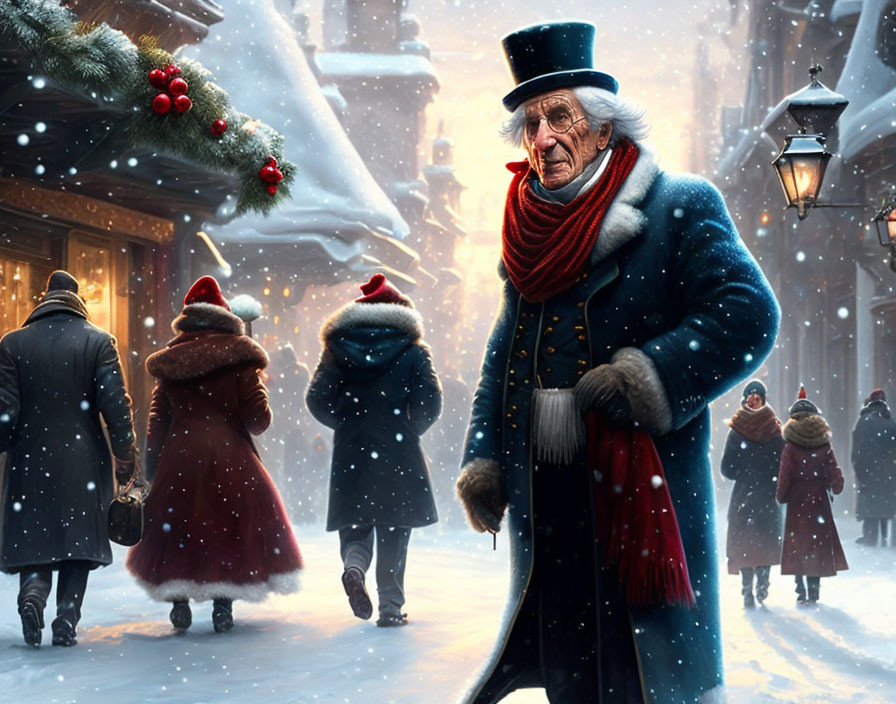 Elderly man in blue coat and red scarf in snowy Victorian street scene