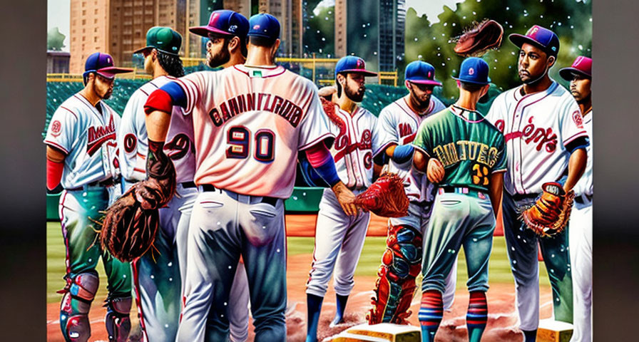 Diverse baseball players in colorful uniforms on field with stadium background