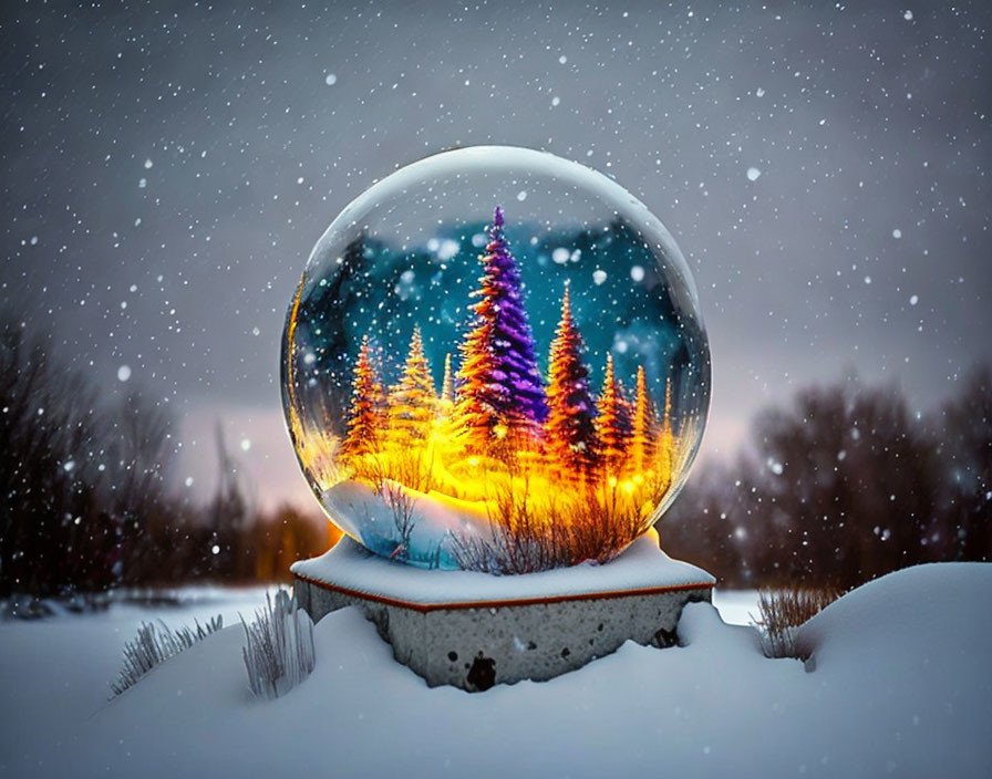 Snow globe with vibrant, lit-up trees in snowy landscape