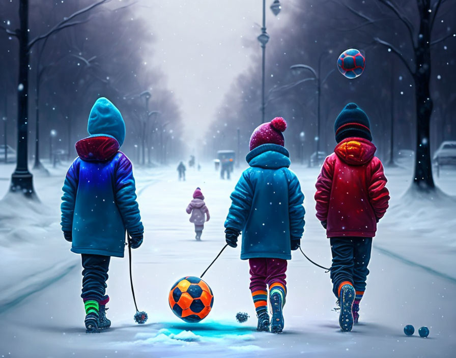 Children in colorful winter clothing walk on snowy path in serene park setting