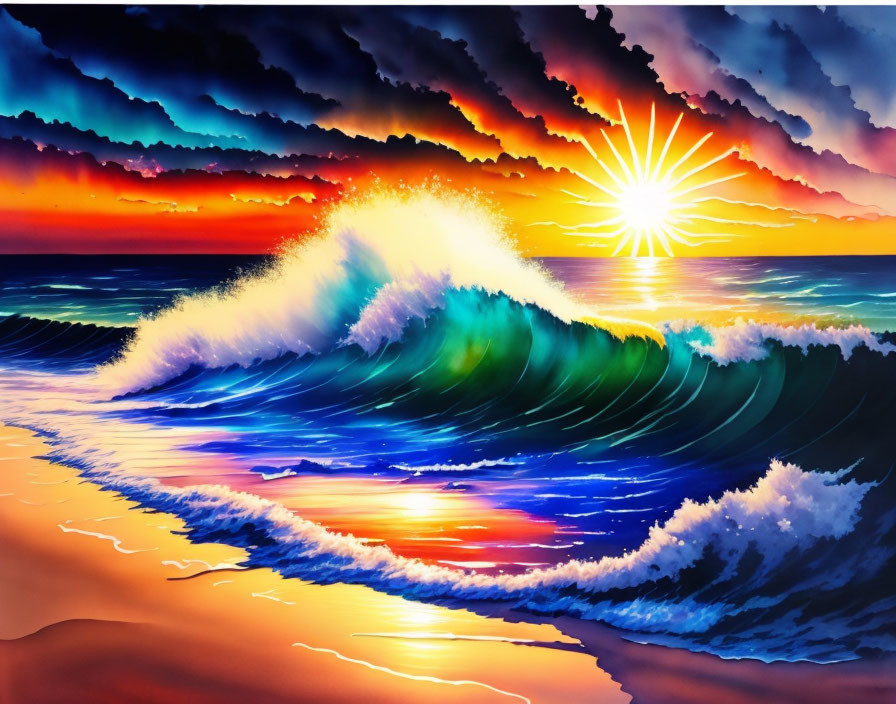 Colorful Sunset Painting with Ocean Waves and Dramatic Sky