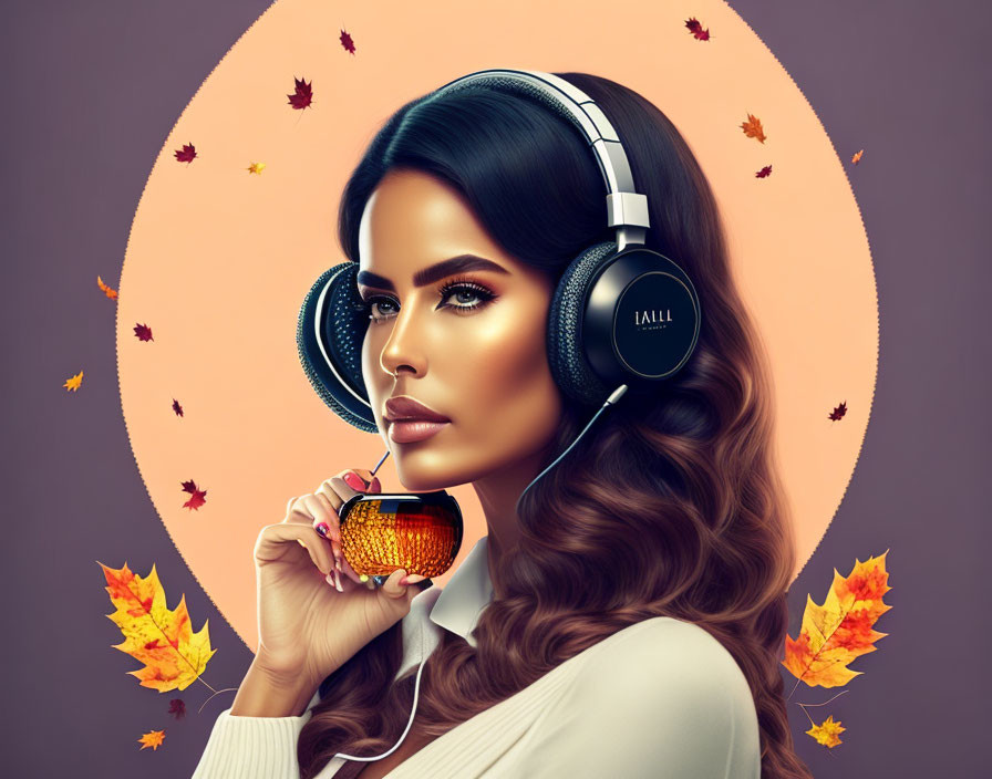 Woman with headphones, cup, and autumn leaves in background