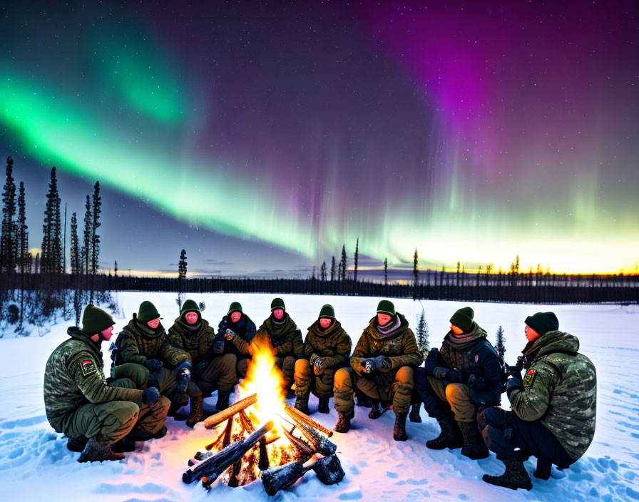 Group of People Enjoying Campfire Under Aurora Borealis