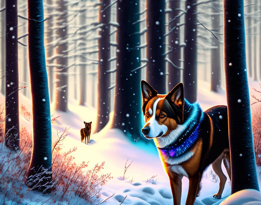 Tricolor dog with blue scarf in snowy forest with small cat and falling snowflakes