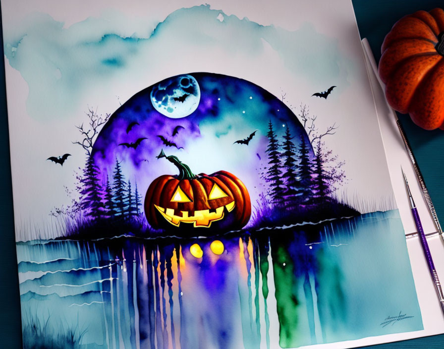 Vibrant watercolor painting: Glowing jack-o'-lantern, moonlit night, bats