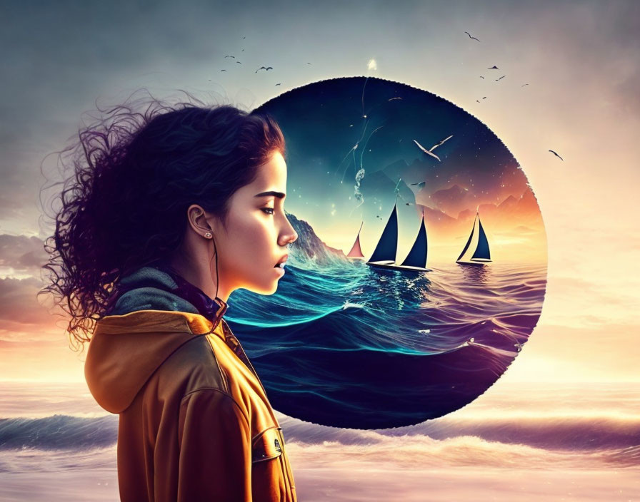 Profile of a woman with hair merging into ocean, sailboats, birds, and sunset.