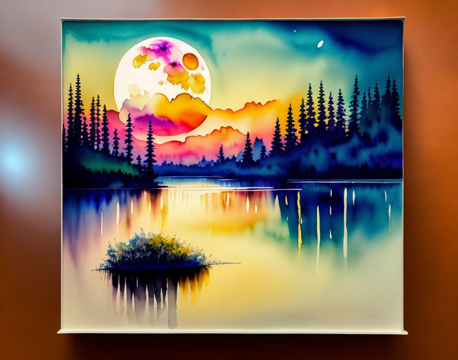 Colorful sunset sky painting with moon, lake, and pine trees