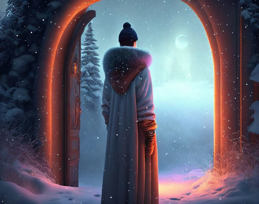 Person in Winter Coat and Beanie in Illuminated Archway in Snowy Landscape at Night