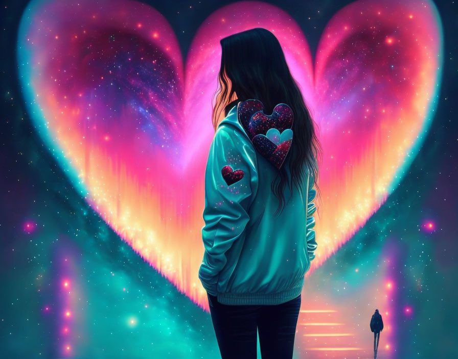 Long-Haired Person in Turquoise Jacket Observing Cosmic Scene with Neon Hearts