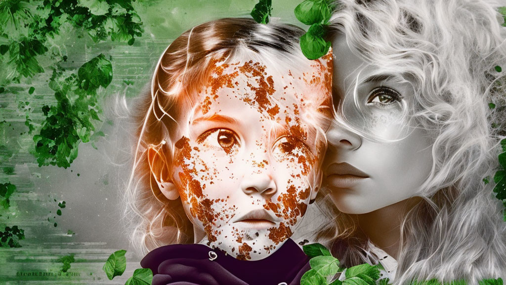 Digital artwork: Colorful and grayscale female faces with leaf overlays in a nature-inspired theme