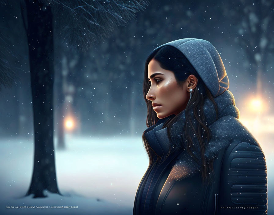 Woman in Winter Attire Gazing in Snowfall