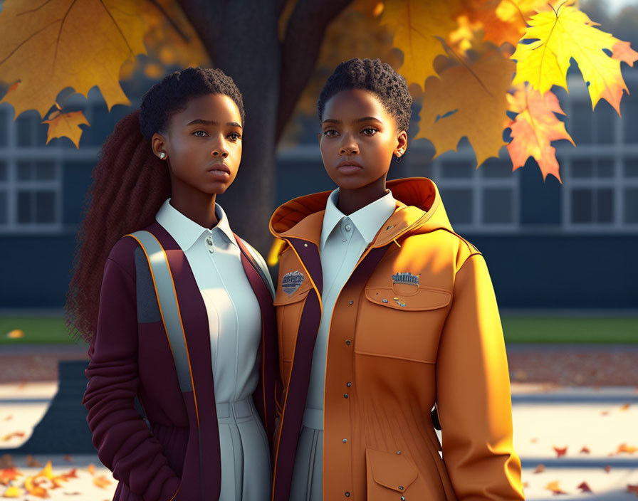 Two pensive animated girls in school uniforms under autumn leaves.